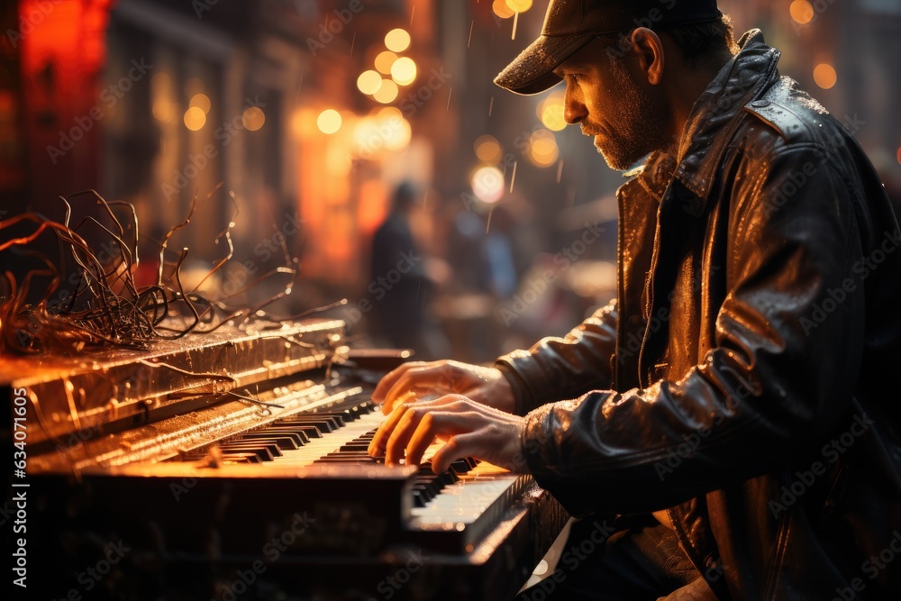 Piano Sonata of the Streets: Hands Moving Gracefully Across Keys, City Bustle an Ethereal Backdrop, Player's Presence Enigmatic Generative AI	
 - obrazy, fototapety, plakaty 
