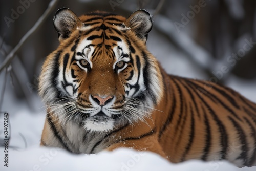 Siberian tiger  Panthera tigris altaica  lying in snow in winter  Czech Republic