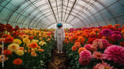 Astronaut in a greenhouse with plenty red flowers