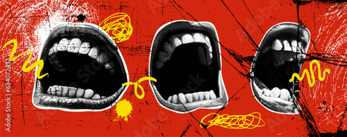 Rebellious Punk Fusion, An artistic collage featuring a halftone-style depiction of an open mouth caught in a scream, a red and black backdrop, a Y2K vector banner, a blend of emotions and aesthetics.