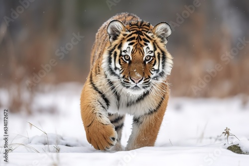 Siberian tiger (Panthera tigris altaica) running in snow; Czech Republic