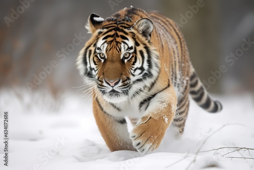 Siberian tiger (Panthera tigris altaica) staring at the camera in winter; Czech Republic