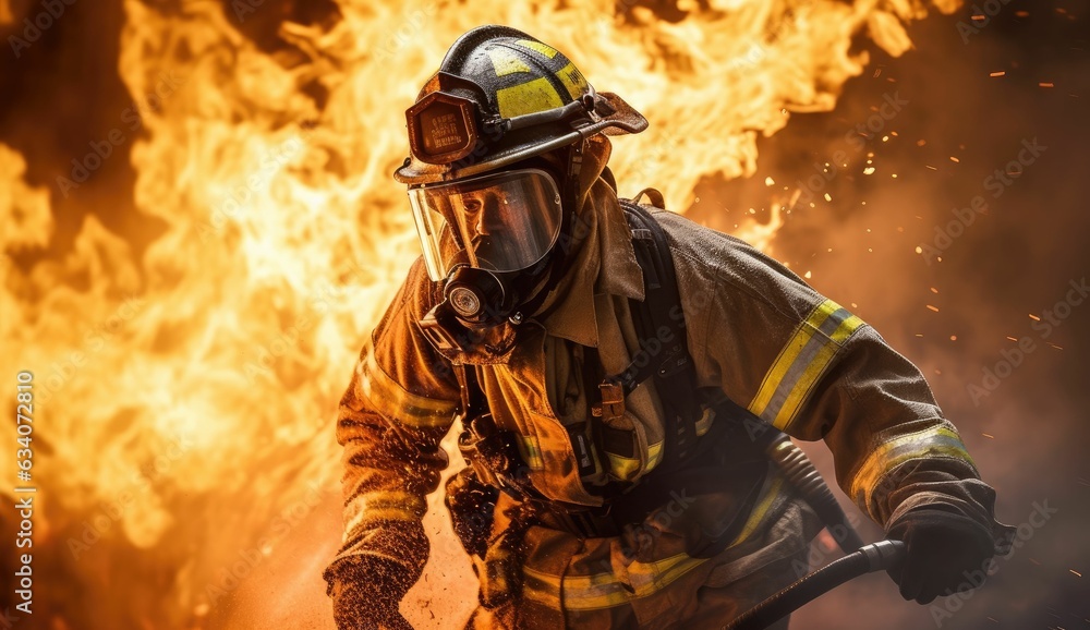 Portrait of a firefighter fighting a fire