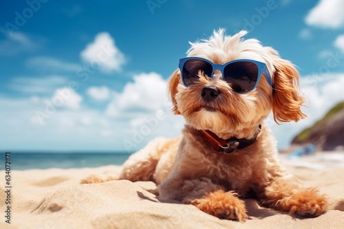 A dog with sunglasses resting on the sandy beach during a sunny day, Generative Ai © rzrstudio