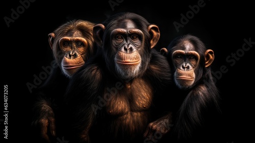 portrait of three chimps close-up on a black background, ultra realism. Animals closeup. Generative AI © Konstantin
