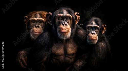 portrait of three chimps close-up on a black background, ultra realism. Animals closeup. Generative AI
