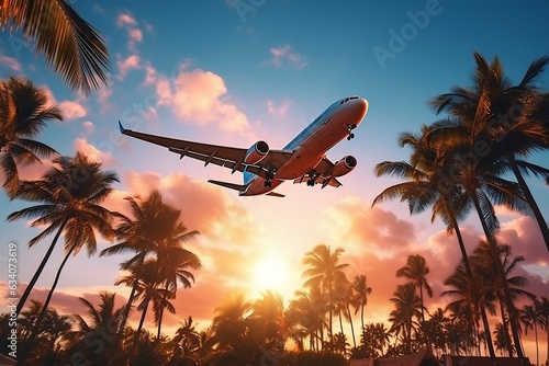 An airplane soaring above palm trees against a vivid sunset sky, Generative Ai © rzrstudio