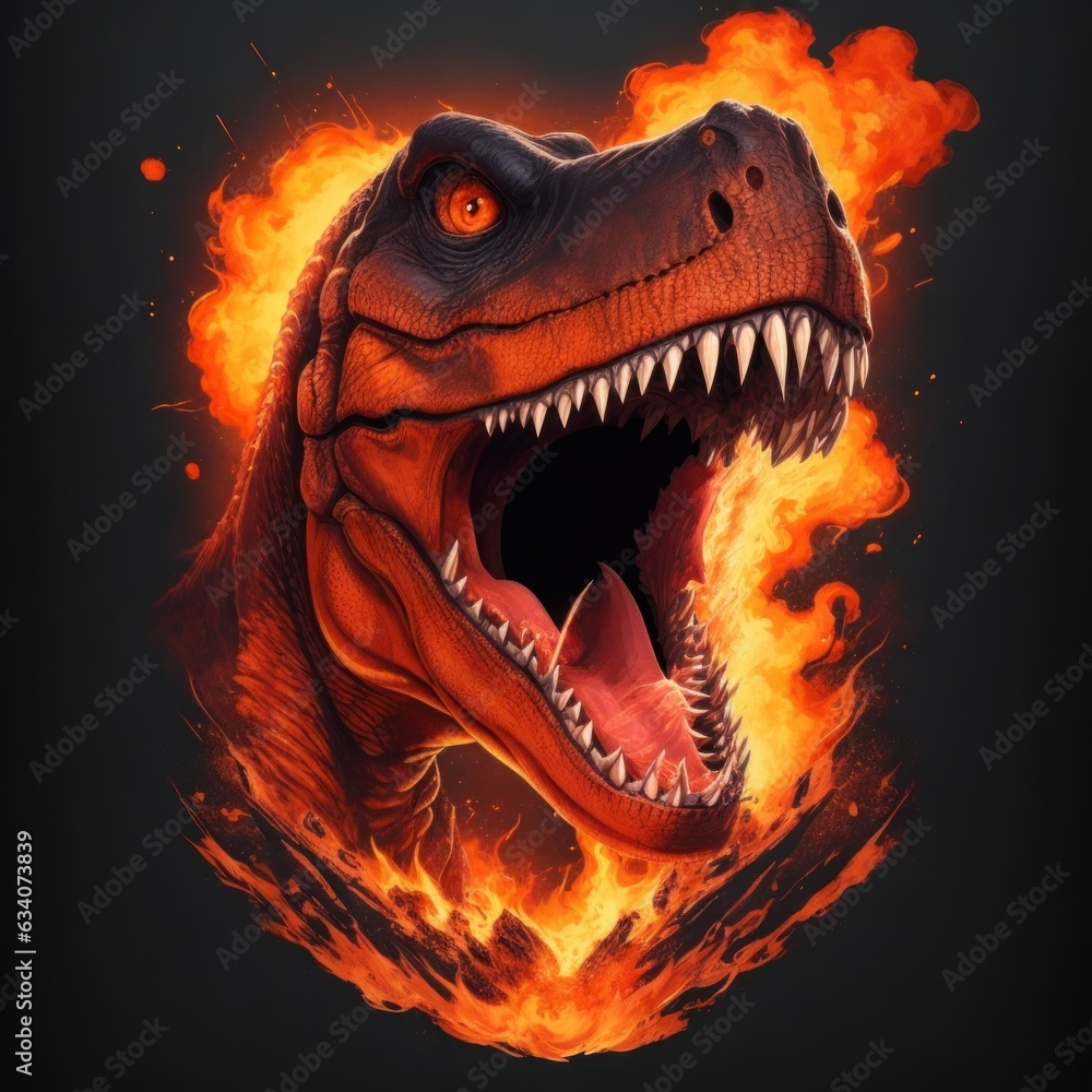 Naklejka premium T-Rex head t-shirt screen with explosion background.generative AI