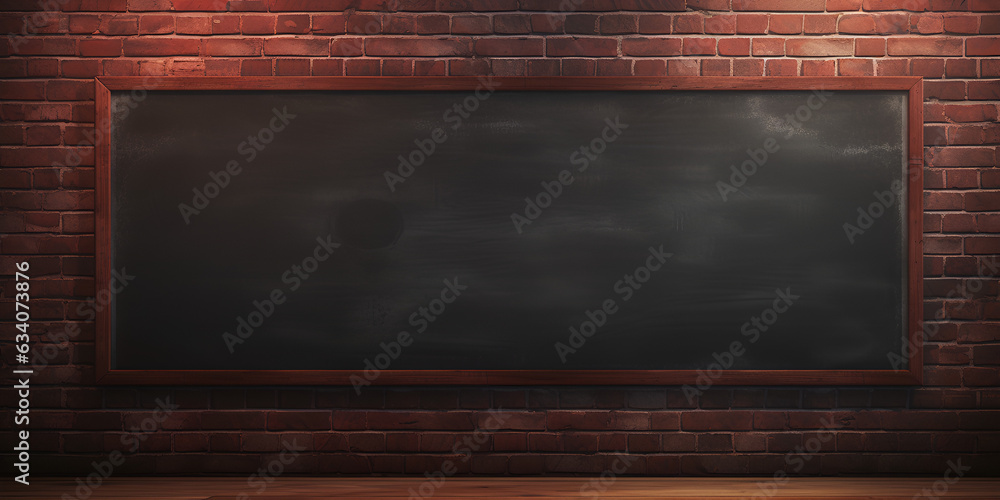 Large chalkboard in classroom stock, Chalkboard on brickwall in room with wooden floor, 
Chalkboard in school Stock, generative Ai