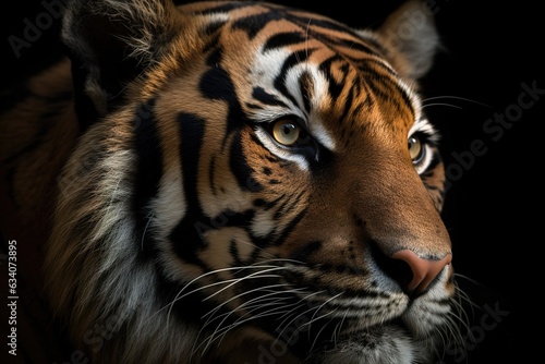 Photo angry face of sumatran tiger, animal angry, head of tiger sumatera closeup with black background © abstract Art