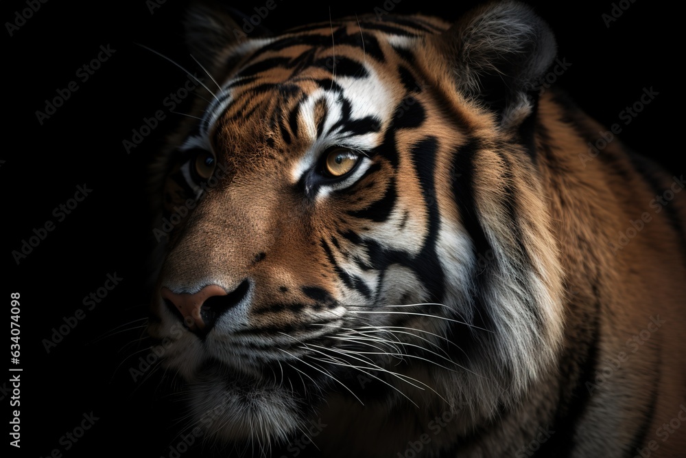 head of tiger sumatera closeup with dark Black wall