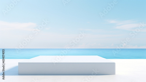 3d luxury white podium with blur ocean and blue sky for your luxury product.Generative AI © BoszyArtis