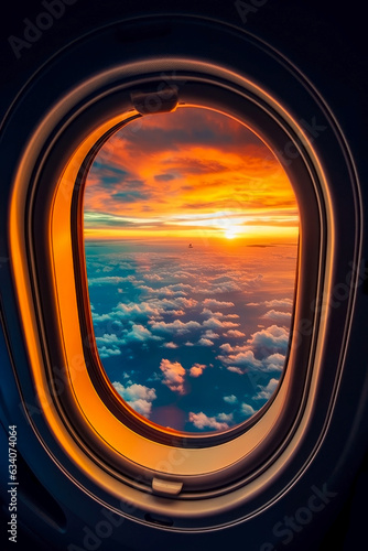 View from the window of the aircraft during the flight. View of the sunset through the porthole. Travel concept. Generative AI.