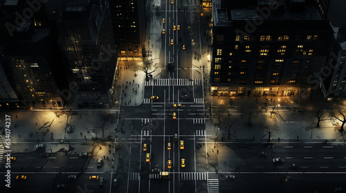 Street crossing between tall buildings with an airplane perspective
