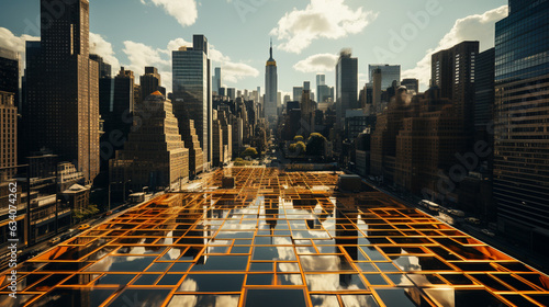 Side view of a street between tall buildings