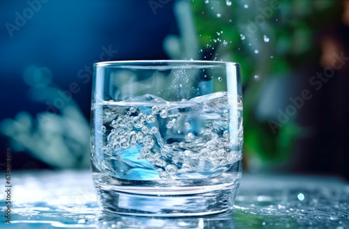 Glass of water with splashes on a blue background. Close-up. Generative AI. © bad_jul