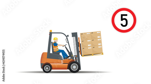 Dangers of working with a forklift. Observe the established speed limit. Vector.