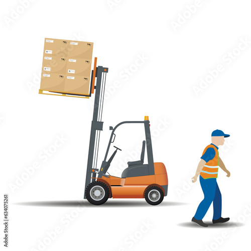Dangers of working with a forklift. Do not leave the forklift with a raised load. Vector.