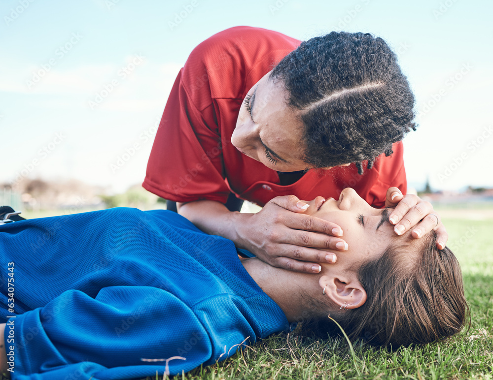 CPR, breathing check and saving woman on field for sport, fitness and game with accident and emergency. Training, paramedic and listening to lungs for breathe from injury with first aid and athlete - obrazy, fototapety, plakaty 