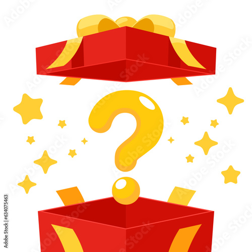 Open the reward in the red mystery gift box on blue background. Random a secret loot box concept. Vector illustration cartoon flat design.