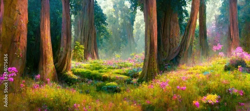 Enchanted magic forest, majestic ancient old trees, mystical woodland glade in warm autumn colors. colorful flowers and green grass, dreamy fairytale fantasy wonderland - generative AI 