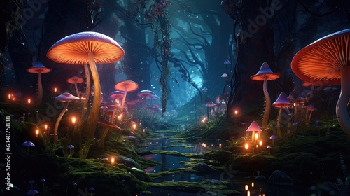 Fantasy deep forest with luminous huge mushrooms