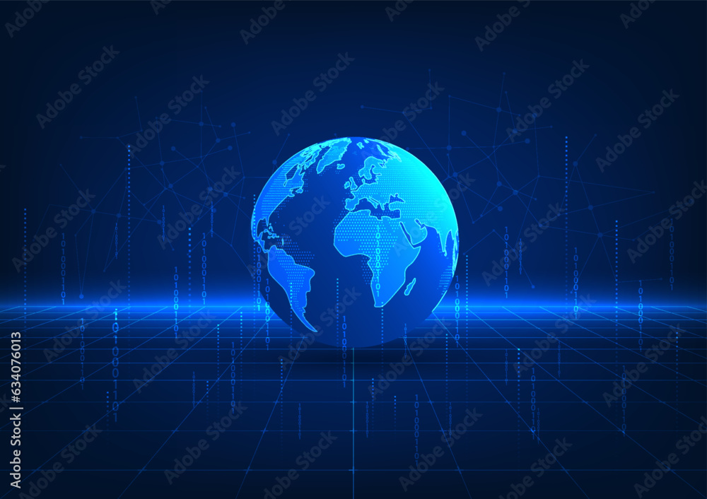 World technology, the world is placed on a grid with lines and codes
