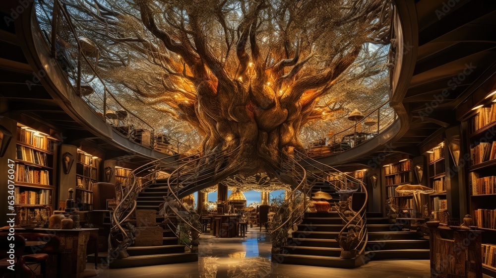 roots of epic tree contain large interior of beautiful underground steampunk library - obrazy, fototapety, plakaty 