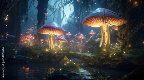 Fantasy deep forest with luminous huge mushrooms