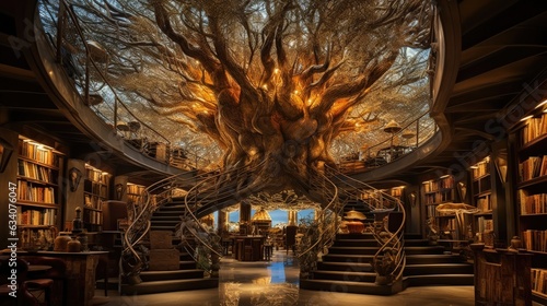 roots of epic tree contain large interior of beautiful underground steampunk library