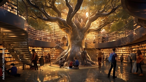 roots of epic tree contain large interior of beautiful underground steampunk library