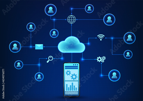 Cloud technology that integrates with smartphones Keeps important information and shares information with recipients. Vector illustration of the mobile phone connected to the cloud connected icon.
