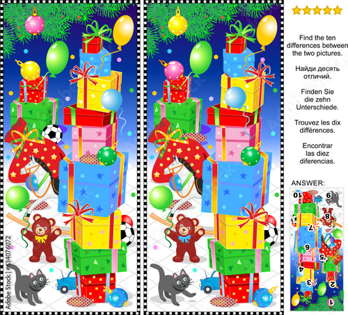 Winter holidays difference game with gift boxes and toy presents under the christmas tree. Answer included.
