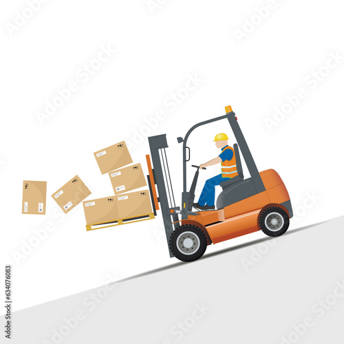 Dangers of working with a forklift. It is forbidden to drive down the slope on the slope in the forward direction.
