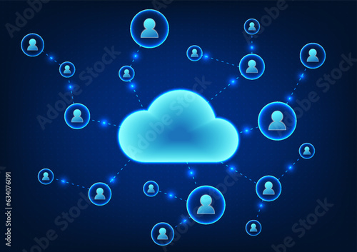 Cloud technology, Cloud with circuit boards connected to people icons Refers to technology for backing up data and sharing data to recipients via the Internet with a data security system.