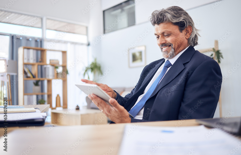 Tablet, smile and a senior business manager in his office for professional research or planning a project. Technology, schedule and a happy mature CEO man in the workplace for corporate management Tablet, smile and a senior business manager in his office for professional research or planning a project. Technology, schedule and a happy mature CEO man in the workplace for corporate management
