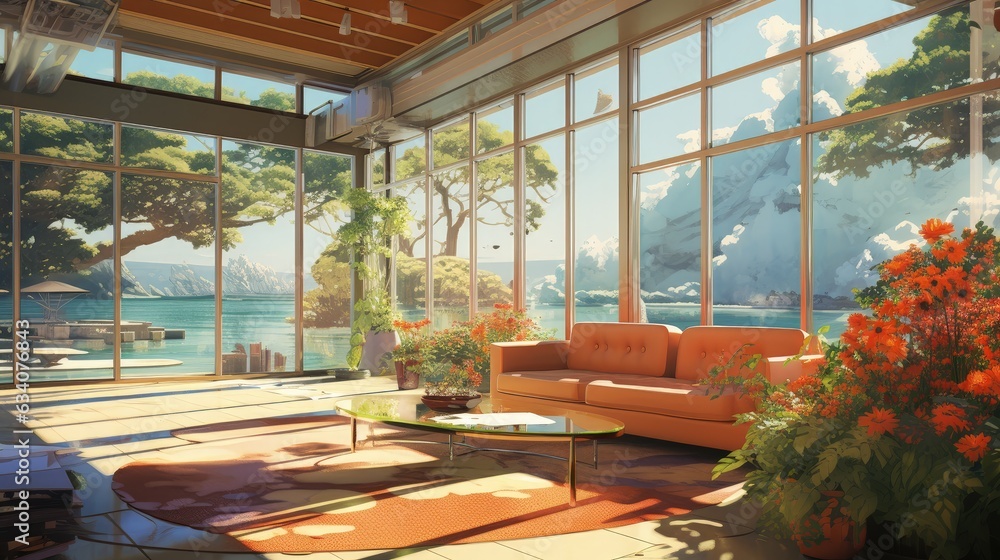 room with sunlight, glass walls, water levels, trees, shrubs, flowers, warm and calm