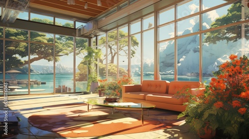 room with sunlight, glass walls, water levels, trees, shrubs, flowers, warm and calm © medienvirus