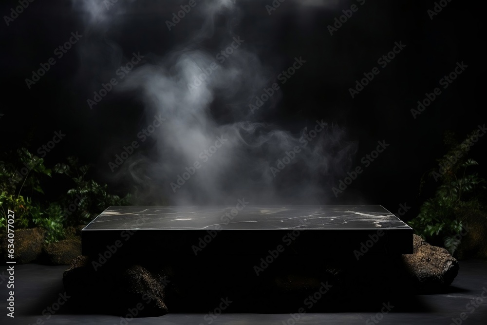 Black Marble Podium with Empty Tabletop in Minimalistic Design, Generative Ai