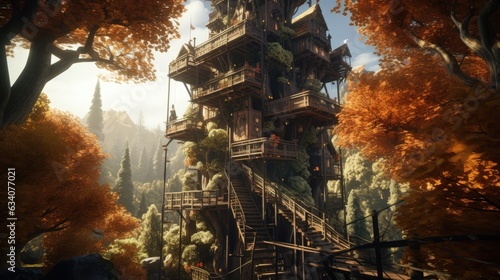 redwood treehouse tower with winding stairs