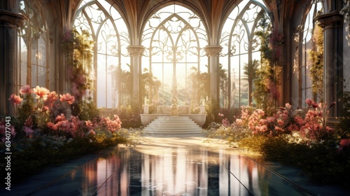 interior of a glass-palace decorated with magical plants