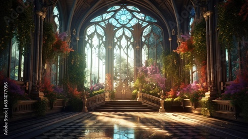 interior of a glass-palace decorated with magical plants