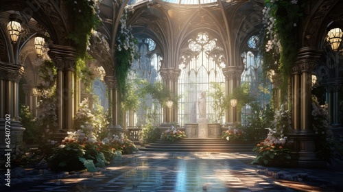 interior of a glass-palace decorated with magical plants