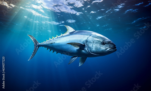 Bluefin tuna fish swimming in clear ocean water