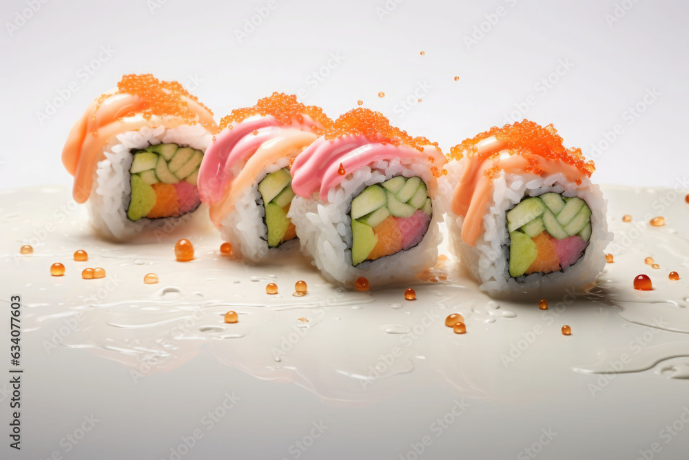 Set of sushi rolls with salmon, avocado, cream cheese. Sushi menu. Japanese food. Generative AI Set of sushi rolls with salmon, avocado, cream cheese. Sushi menu. Japanese food. Generative AI