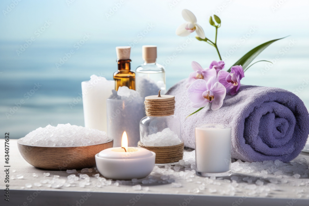 Beauty treatment items for spa procedures. Massage stones, essential oil and sea salt. Generative AI