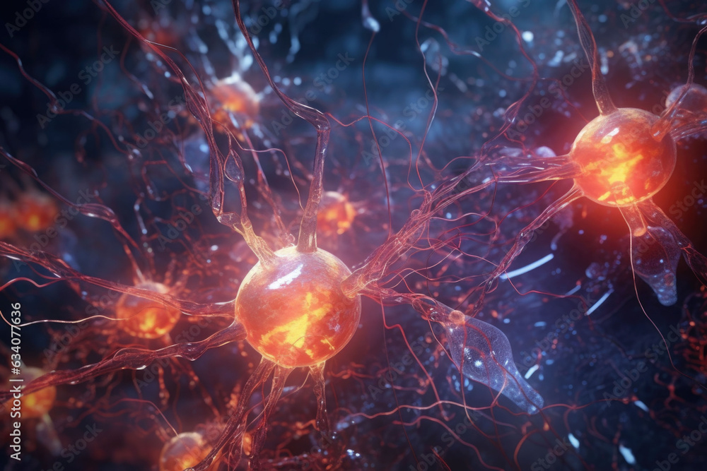 Nerve cell banner. System neuron of brain with synapses. Generative A Nerve cell banner. System neuron of brain with synapses. Generative A