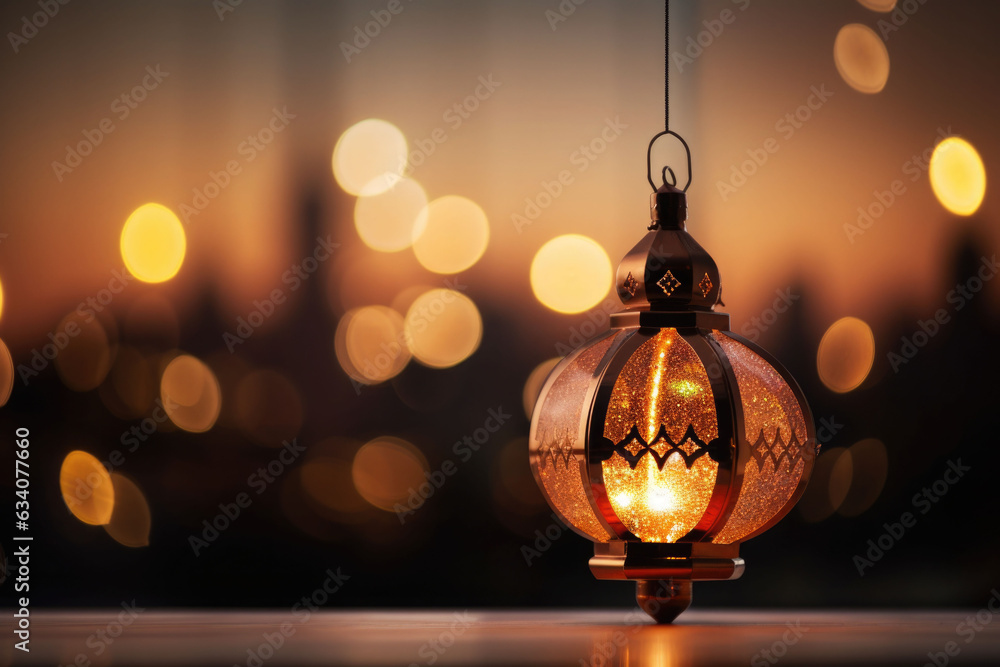 Atmosphere of Ramadan Kareem. Lamp on a blurred background adorned with curtain lights. AI generated Atmosphere of Ramadan Kareem. Lamp on a blurred background adorned with curtain lights. AI generated