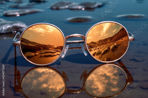 Reflection in the sunglasses shows sea beach. Summer concept. Generative AI