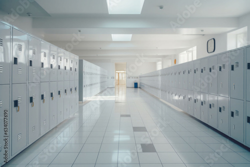 School hallway with modern lockers. Concept of studying and getting knowledge. Generative AI